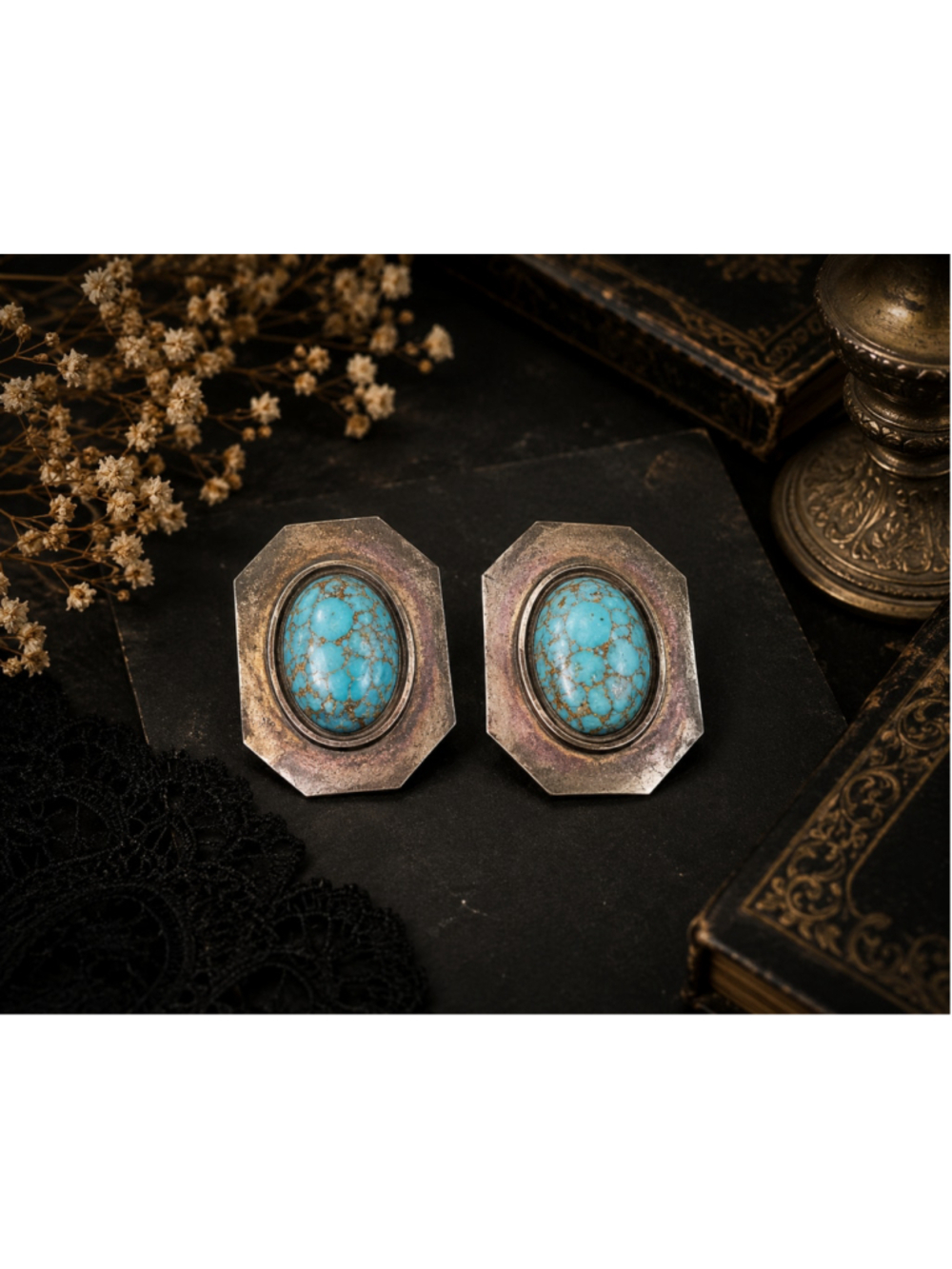 Vintage Silver Tone Faux Turquoise Clip On Earrings Geometric Southwestern Style